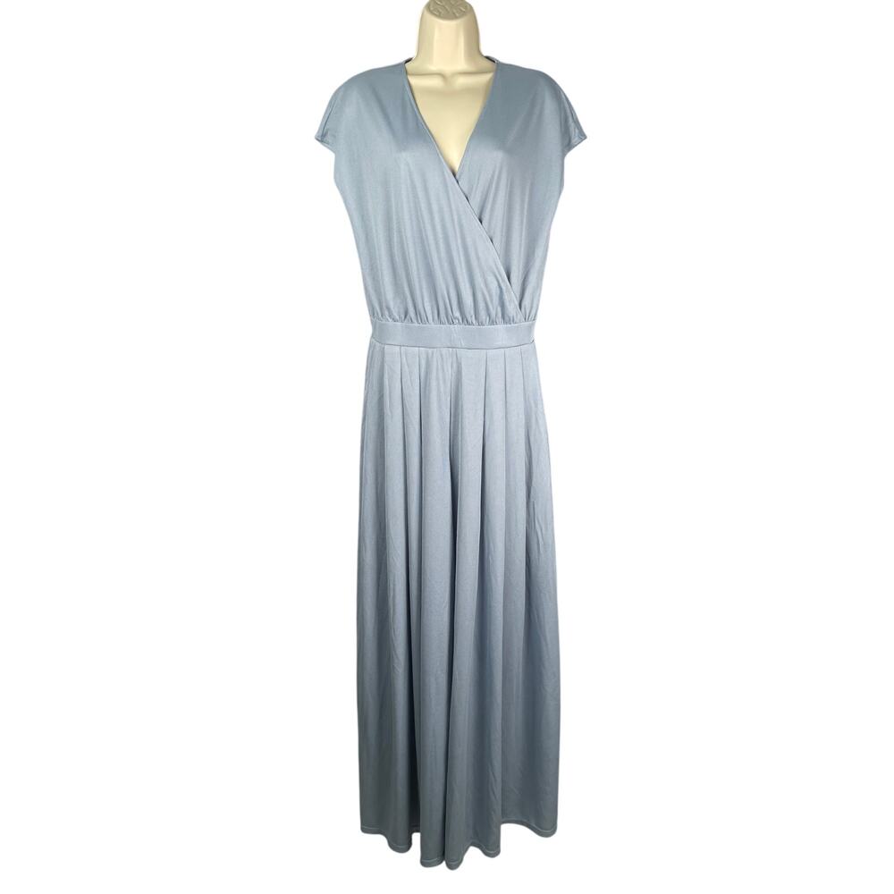 Halara Jumpsuit M Blue Waffle Wide Leg Pleated Surplice Cap Sleeve Work Vacation